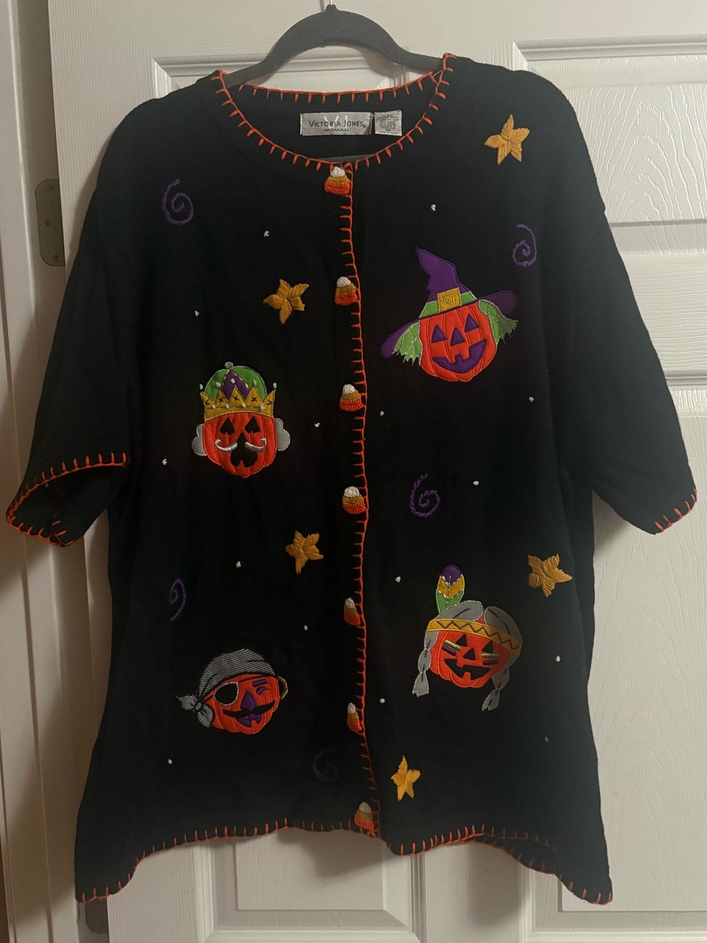 Vintage Halloween Victoria Jones short sleeve cardigan pumpkins candy corn 3X
